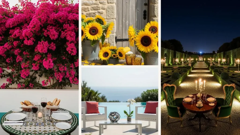 Romantische italienische Gartenszene mit stilvoller Tischdeko für zwei an einem lauen Sommerabend.