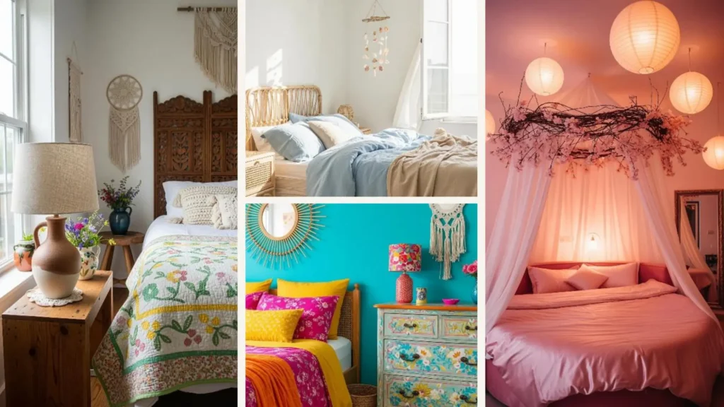 Vier traumhafte Boho-Schlafzimmer-Ideen für romantische Frühlingsnächte in einer Bild-Collage.