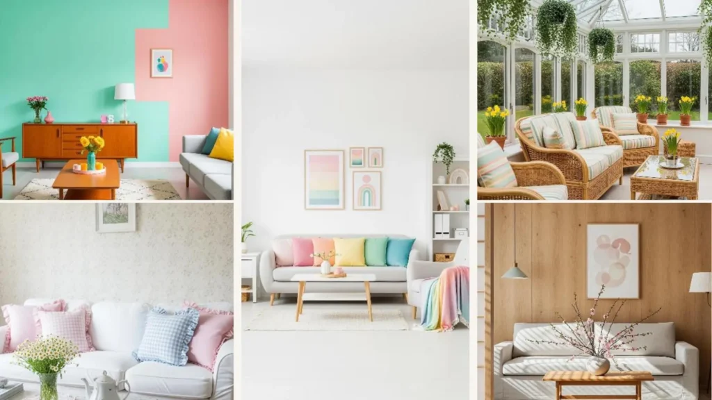 Helles Wohnzimmer mit pastellfarbenen Akzenten und Frühlingsdeko, das ein Zuhause sofort heller wirken lässt.