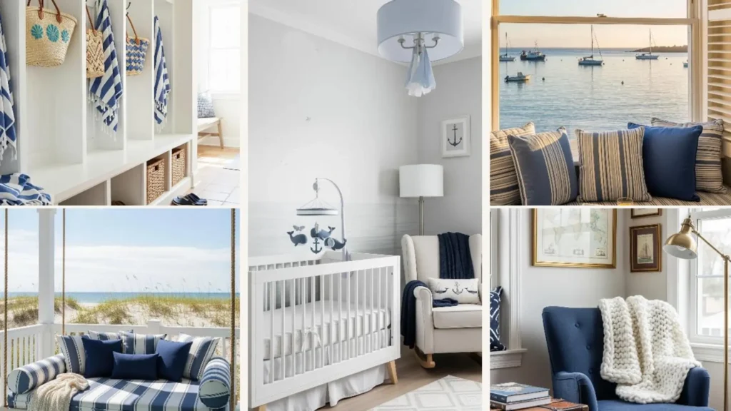 Maritimer Sitzplatz mit blau-weiß gestreiften Kissen, Meerblick & Booten für Küsten-Urlaubsfeeling zuhause.