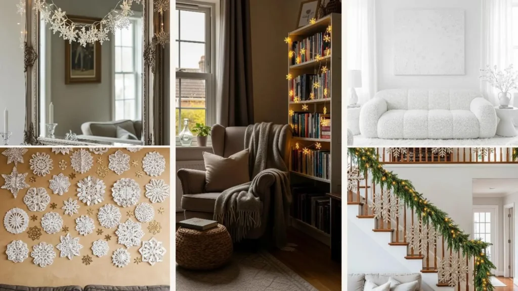 Gemütliches Wohnzimmer mit funkelnden Schneeflocken-Lichterketten und winterlicher Deko für eine traumhafte Atmosphäre.