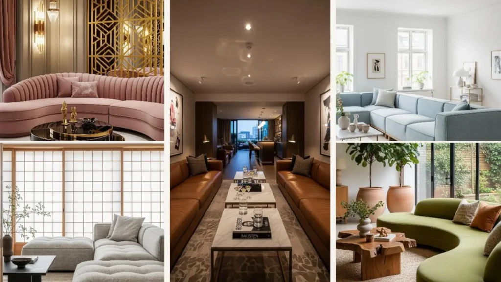 Collage von Wohnzimmern mit großzügigen Sofalandschaften, die ein stilvolles Lounge-Gefühl vermitteln.