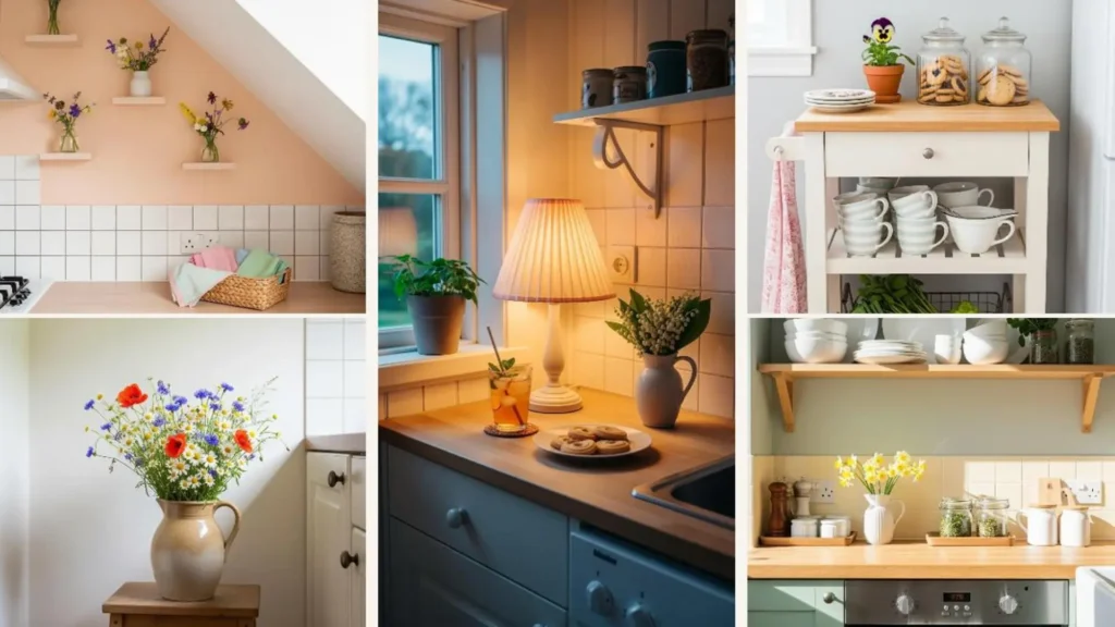 Bezaubernde Frühlings-Dekoideen für kleine Küchen mit frischen Blumen, sanften Pastellfarben und natürlichem Holz-Charme.