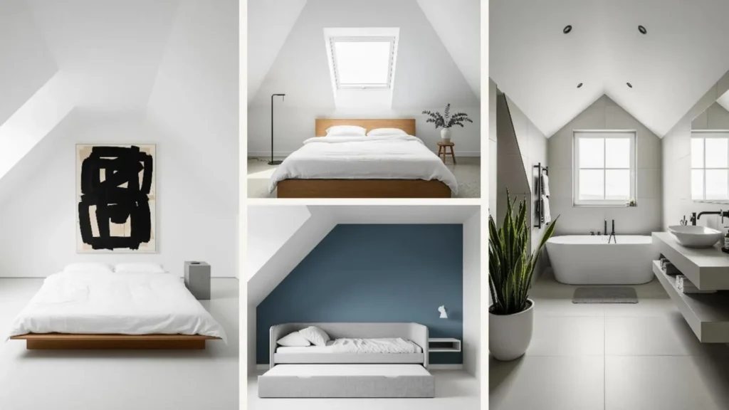 Helle, minimalistisch eingerichtete Räume in einer Dachgeschosswohnung mit wenig Platz.