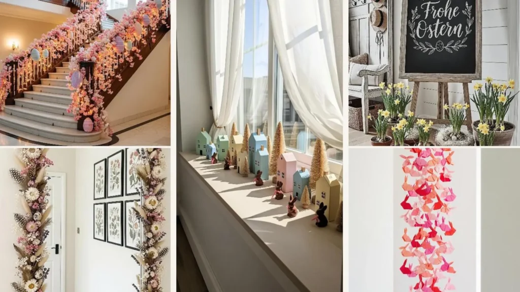 Frühlingshafte DIY Osterdeko für den Eingangsbereich mit Blumen, Eiern, Hasen und Girlanden, die Gäste begeistern.