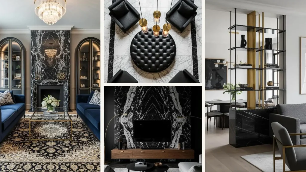 Dunkle Luxus-Wohnzimmer mit schwarzem Marmor, Messingdetails und edler Einrichtung