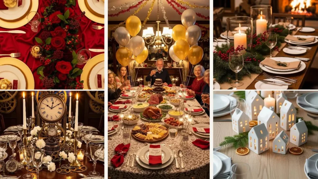Elegante Tischdekoideen für ein stilvolles Neujahrsdinner mit Kerzen, Blumen und festlichem Geschirr.