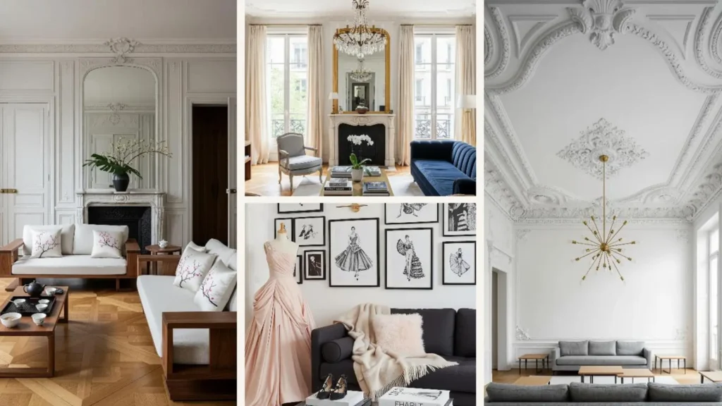 Elegantes Wohnzimmer im Pariser Apartment-Stil: Hohe Stuckdecke, Kamin und klassisch-luxuriöse Einrichtung.