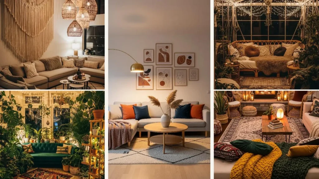 Collage mit gemütlichen Boho-Wohnzimmer-Ideen für kalte Januarnächte, mit Sofas, Decken und Lichterketten.
