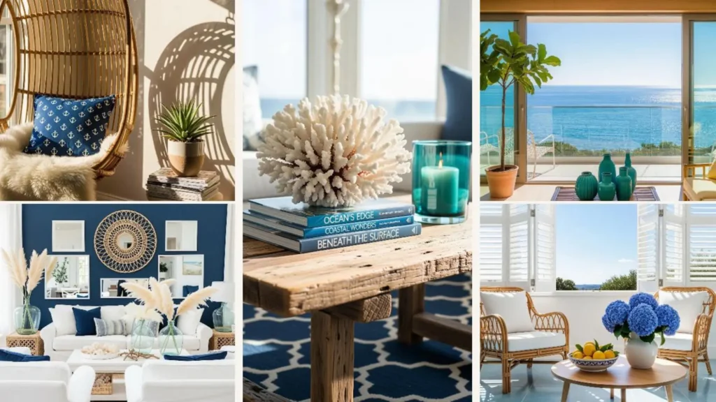 Sommerliche Wohnzimmer-Dekoideen im Küsten-Look: Rattan, Meerblick & maritime Accessoires für Urlaubsfeeling.