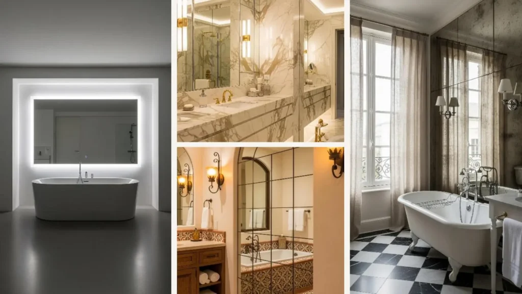 Collage von glamourösen Badezimmern mit Spiegelwänden und weicher Beleuchtung für ein luxuriöses Ambiente.