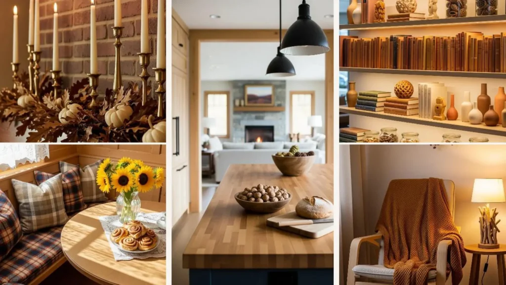 Herbstliche Dekoration mit Naturmaterialien wie Kürbissen, Kerzen und warmen Farben für gemütliche Wohnmomente.