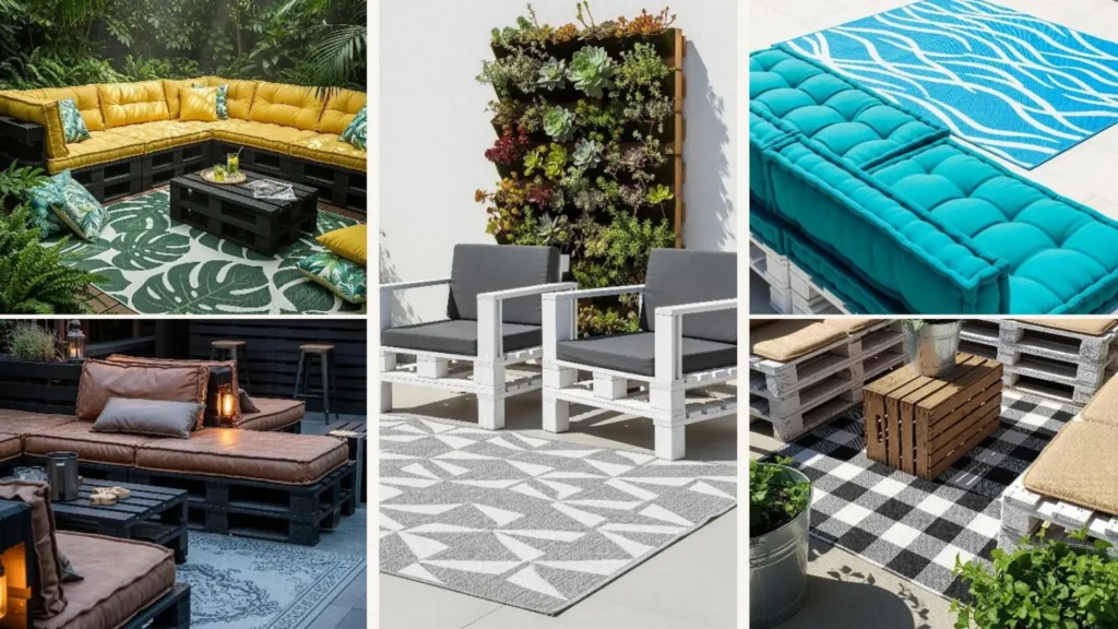 Kreative Garten-Sitzplatz-Ideen mit Palettenmöbeln und farbenfrohen Outdoor-Teppichen für kleine Budgets.