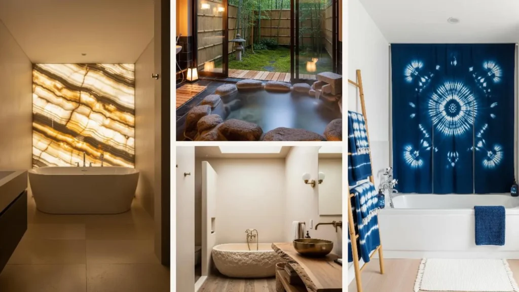 Vier luxuriöse Badezimmer im japanischen Spa-Minimalismus mit Steinwannen und Holzelementen.