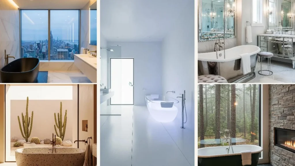 Collage von luxuriösen Badezimmern mit freistehenden Designer-Badewannen als Spa-Mittelpunkt.
