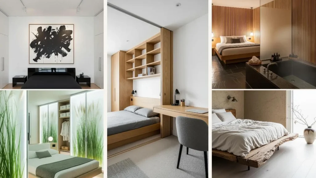 Collage von luxuriösen Schlafzimmern, inspiriert von japanischem Premium-Minimalismus.