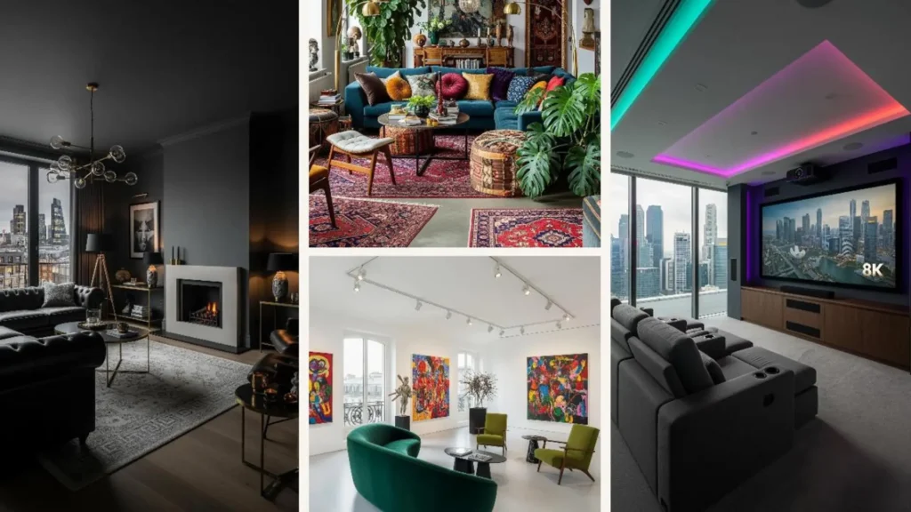 Eine Collage mit vier luxuriösen Wohnzimmer-Ideen, die das Zuhause in ein modernes Penthouse verwandeln.
