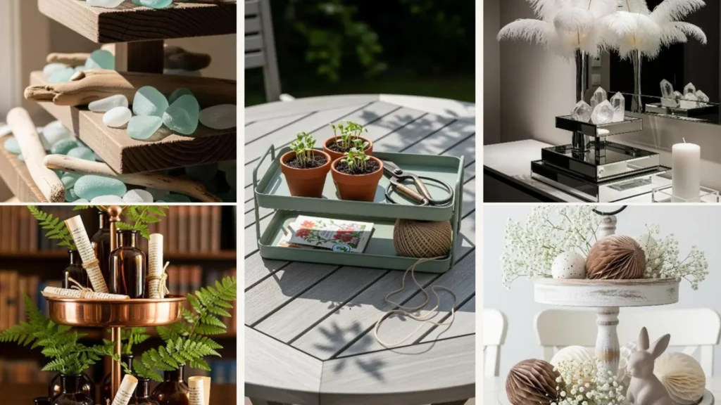 Collage minimalistischer Etagere-Deko für den Frühling mit Pflanzen, neutralen Farben und Skandi-Inspiration.