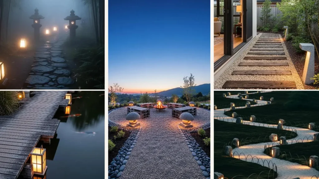 Ein romantischer Abendweg im minimalistischen Japandi-Garten, stimmungsvoll beleuchtet von Steinlaternen.