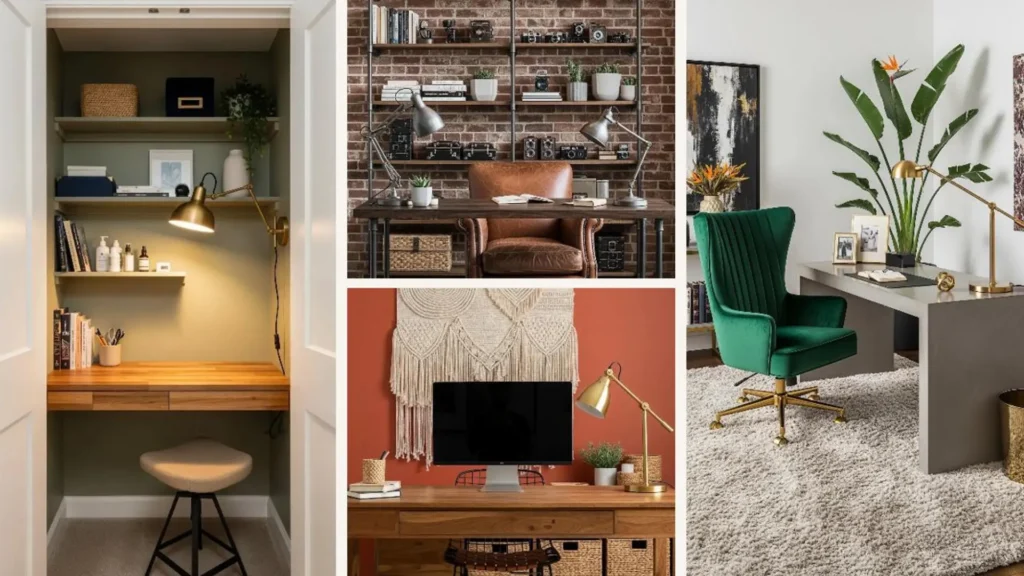 Eine Collage mit vier modernen und stilvollen Boho-Homeoffice-Ideen für Freelancer.