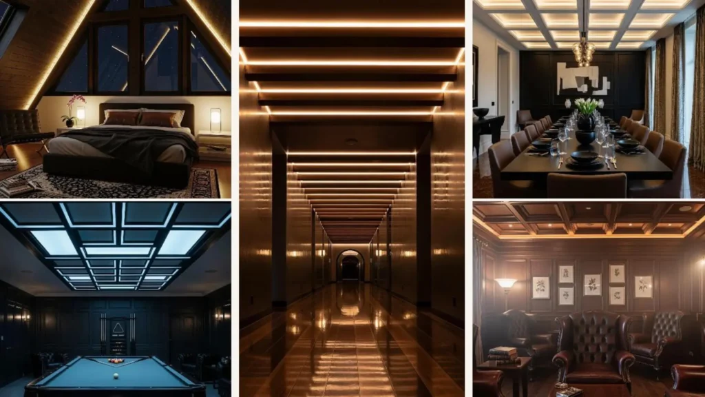 Räume mit dunklen Decken und versteckten Lichtleisten, die für ein sanftes, stimmungsvolles Licht sorgen.