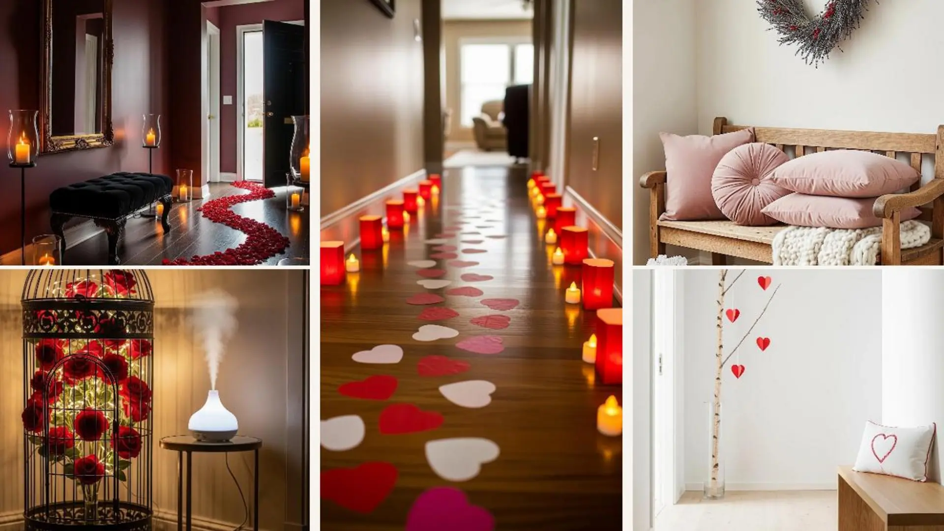 Romantisch dekorierter Flur mit Kerzen, Rosenblättern und Herzdrucken für einen verzaubernden Eingangsbereich.