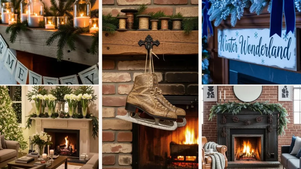 Verschiedene rustikale Winter Kamin Dekoideen mit Vintage Charme, Tannengrün, Kerzen und Eislaufschuhen für ein gemütliches Landhaus.