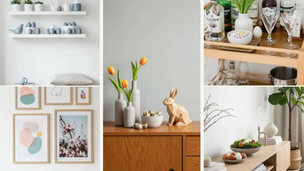 Skandinavisches Wohnzimmer mit stilvoller Osterdekoration: Tulpen, Hasenfigur und Ostereier auf Holzschrank.