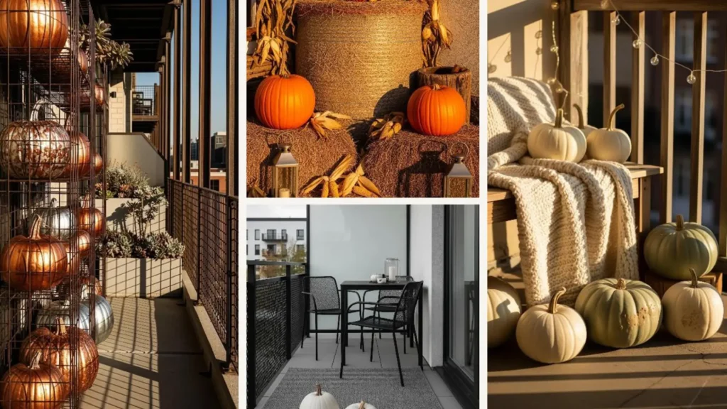 Vielfältige Kürbis-Deko-Ideen für Balkon und Terrasse, erstrahlend im warmen goldenen Herbstlicht.