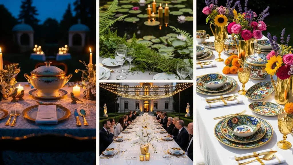 Prächtige italienische Tafeldekoration im Garten mit goldenem Besteck und edlem Porzellan für ein königliches Dinner.