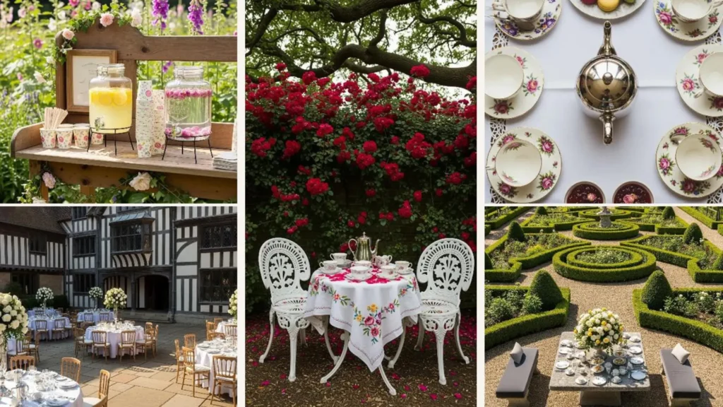 Verträumte englische Gartenparty-Teestunde im Rosengarten mit gedecktem Tisch und roten, duftenden Rosen.