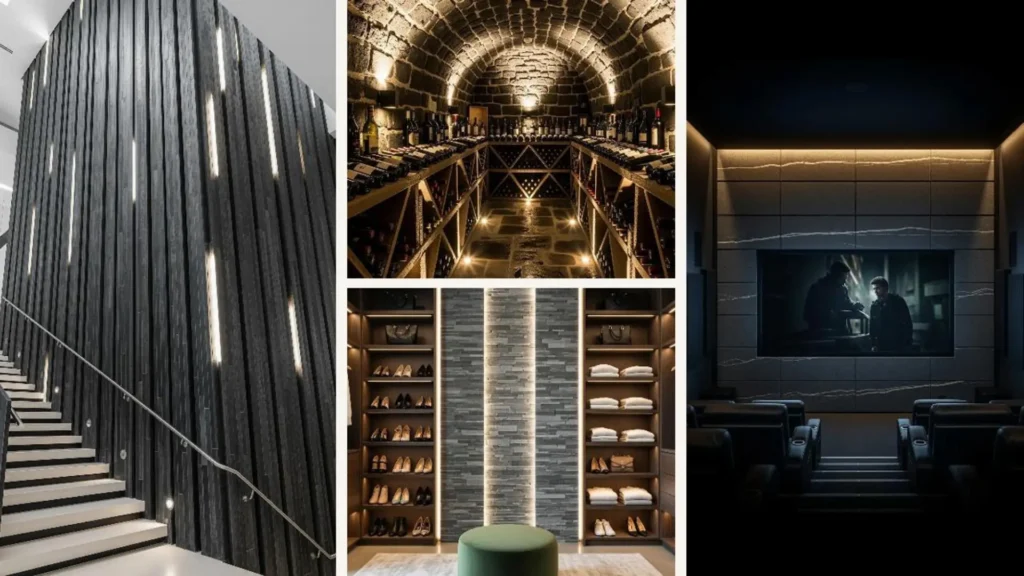 Vier elegante Innenräume mit Wandgestaltung aus dunklem Naturstein für eine ruhige, tiefe Wirkung.