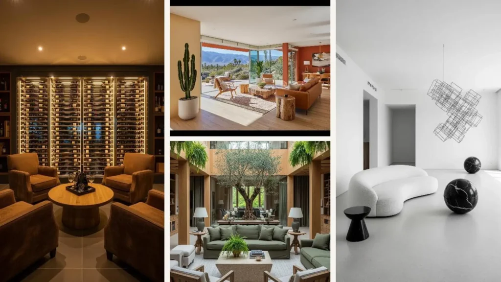 Inspiration für ein Wohnzimmer im Luxus-Stil: Collage mit vier modernen Villa-Einrichtungen.