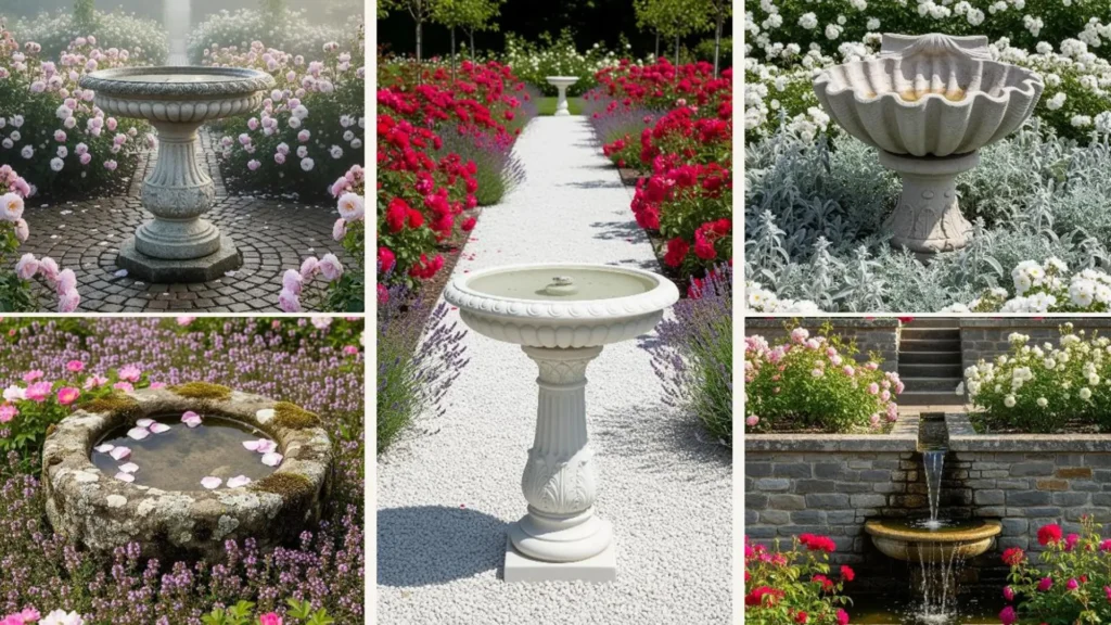 Verschiedene zauberhafte Vogeltränken in einem blühenden englischen Rosengarten.