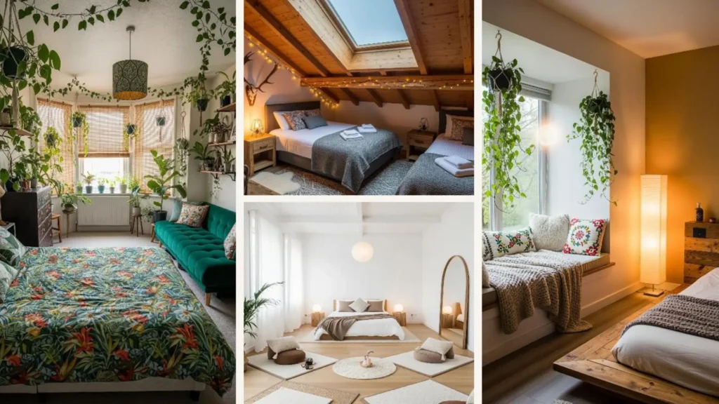 Boho-Schlafzimmer mit Pflanzen und Lichterketten für gemütliche Gespräche bis Mitternacht