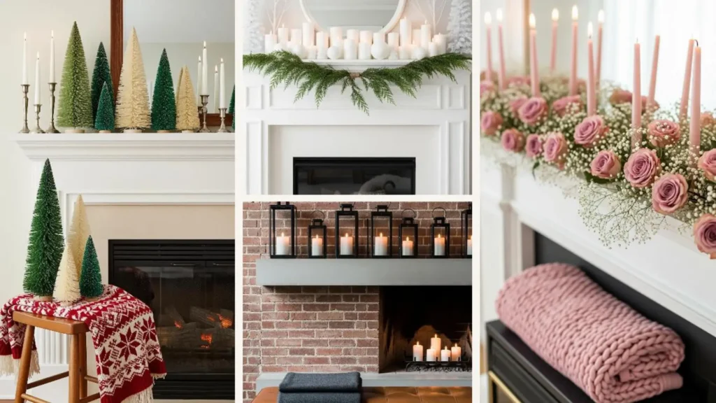 Collage mit gemütlichen Kaminumrandung-Ideen für Herbst & Winter mit Kerzen, Decken und Hygge-Flair.
