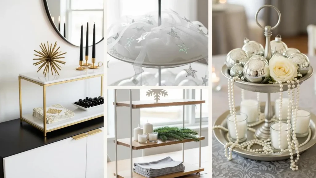 Elegante Etagere Deko für Winter & Silvester im Glamour-Look mit Kugeln & Schneeflocken.