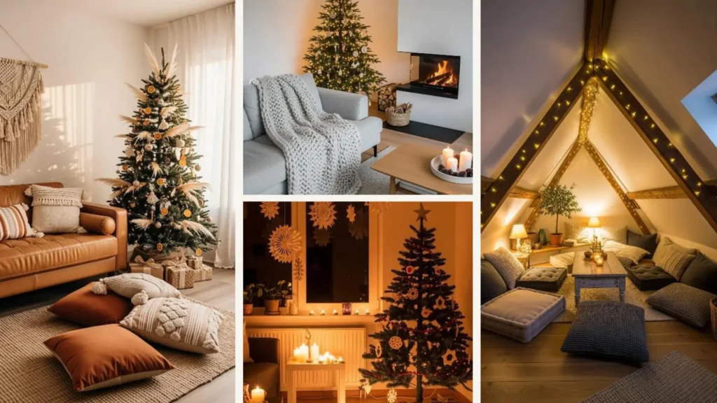 Ein gemütliches Wohnzimmer mit Weihnachtsbaum, Kerzen und warmen Decken für eine Hygge-Weihnachtsdeko.