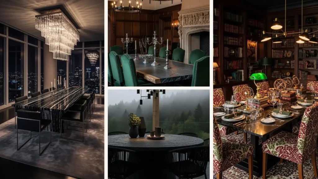 Collage als Inspiration: Luxuriöse Esszimmer mit schwarzem Steintisch und stimmungsvoller Beleuchtung.