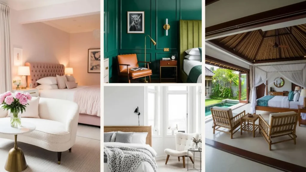 Collage: Vier luxuriöse Schlafzimmer mit gemütlicher Lounge-Zone oder einem Sessel direkt am Bett.