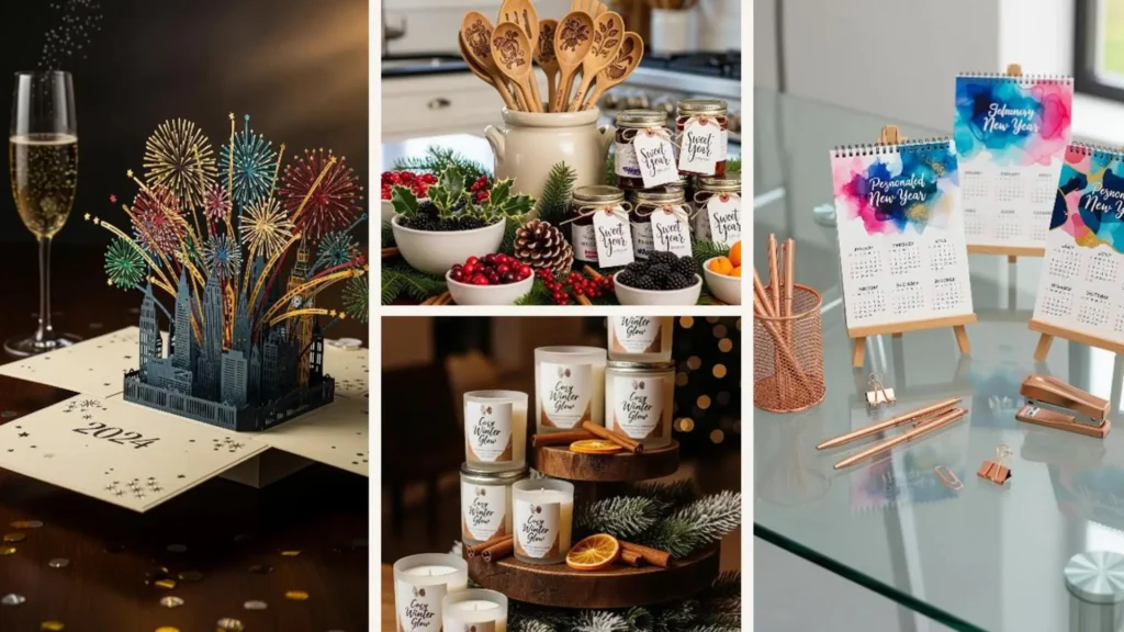 Vielfältige Neujahrsgeschenkideen für Gäste: eine Pop-up-Feuerwerkkarte, Duftkerzen und personalisierte Minikalender.