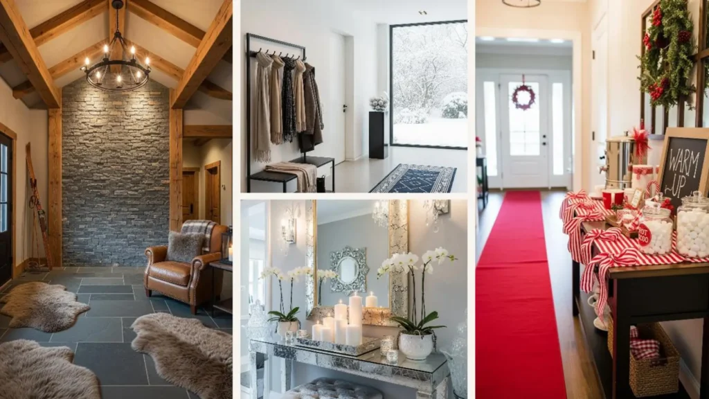 Einladender Eingangsbereich im Winter-Cozy-Look mit Fellteppichen und warmen Lichtern, perfekt für die kalte Jahreszeit.