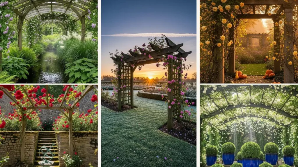 Romantische Pergola mit bunten Kletterrosen in einem idyllischen englischen Landhausgarten, eine Szene voller Charme.
