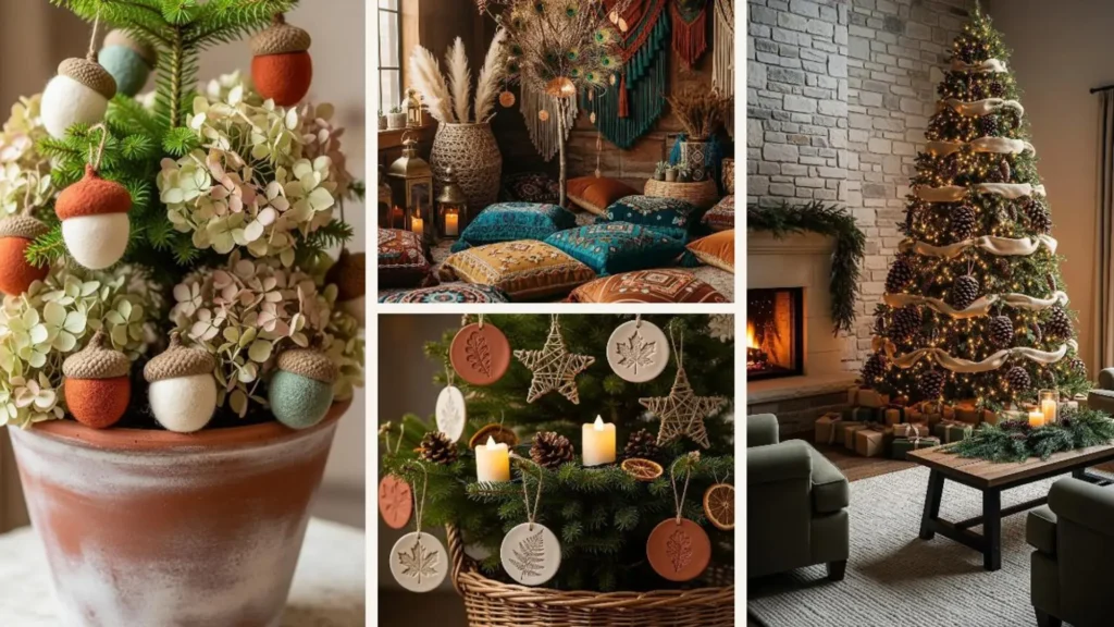 Ein rustikaler Weihnachtsbaum mit Deko in Naturfarben: Filz-Eicheln, getrocknete Orangen und Tannenzapfen.