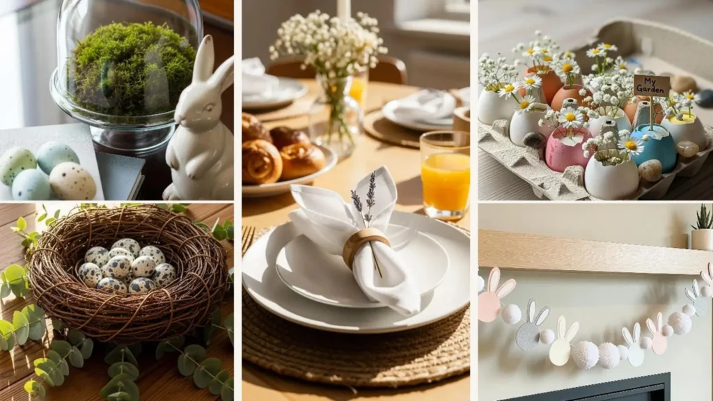 Vielfältige DIY Osterideen für Anfänger: Bunte Eier, Hasendeko und ein festlich gedeckter Tisch sorgen für stressfreie Osterfreude.