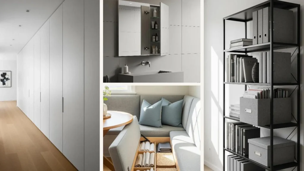 Unsichtbare Ordnungssysteme im minimalistischen Zuhause: Collage mit cleveren Schrank- und Stauraumlösungen.