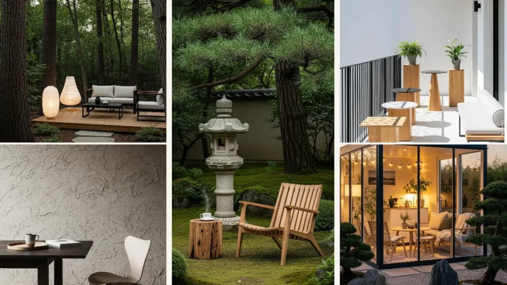 Inspirierende Japandi-Gartenideen: Eine gemütliche Kaffeeecke mit minimalistischen Holzmöbeln und Pflanzen.