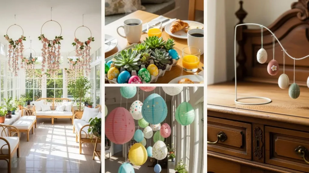 Einfache & bunte DIY Osterdeko für den Frühling: hängende Eier, frische Blumen und festliche Akzente für Zuhause.