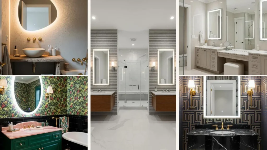 Collage eleganter Badezimmer mit verschiedenen versteckten LED-Spiegeln für sanftes Licht.