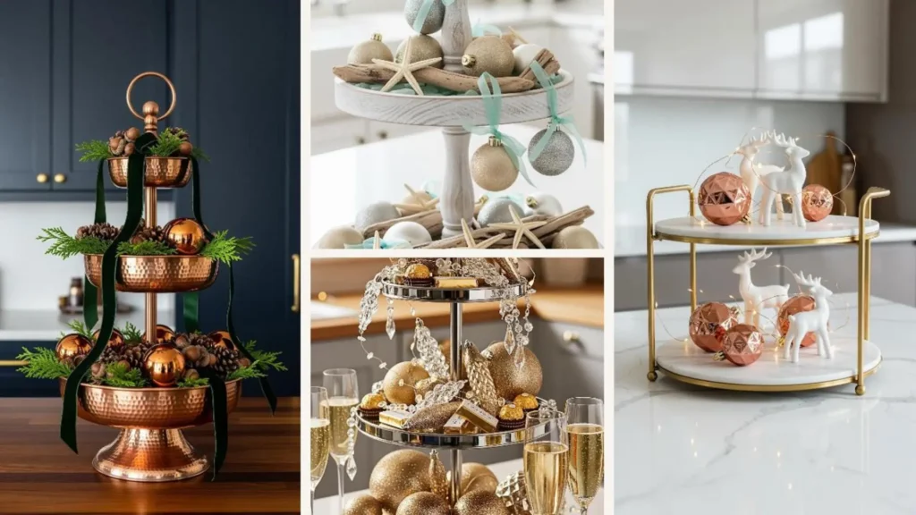 Collage mit eleganten Etagere-Ideen für Weihnachten als rustikale und moderne Küchendekoration.